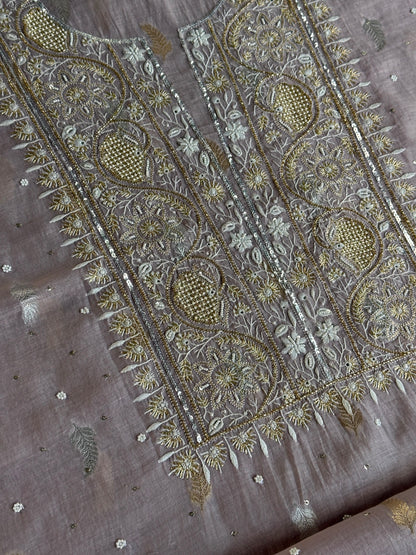 Lavender Shade Banarasi Zari Chanderi Unstitched Chikankari Fabric