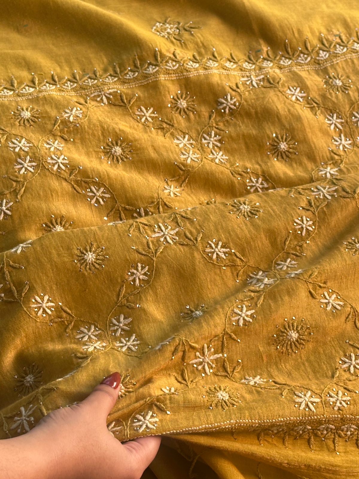 Mustard Yellow Shade Chanderi Chikankari Saree
