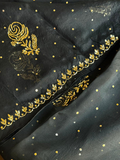 Jet Black | Noor Organza Silk Chikankari Unstitched Kurta Dupatta Set