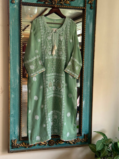 Green Shade Kota Applique Chikankari Kurta Dupatta Set