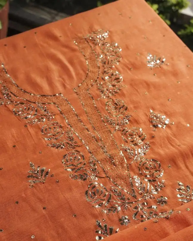Orange Chanderi Silk Mukaish Badla Unstitched Fabrics
