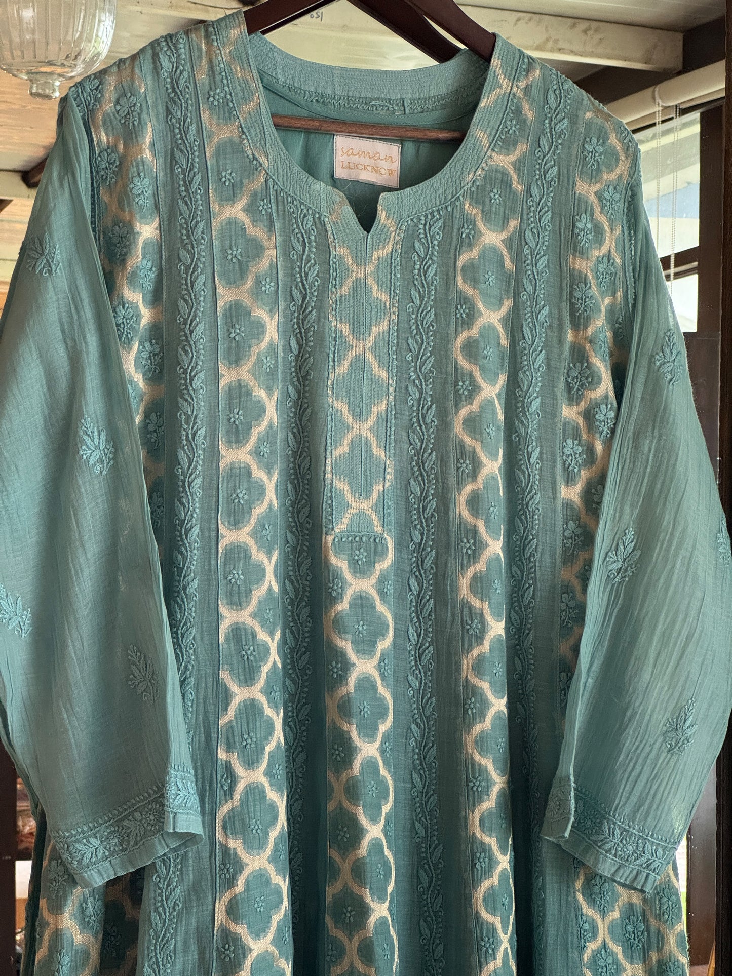 Sea Green Zari Chanderi Chikankari A Line Kurta with Slip