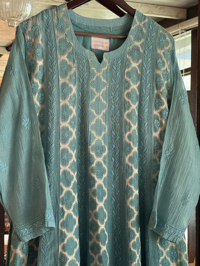 Sea Green Zari Chanderi Chikankari A Line Kurta with Slip