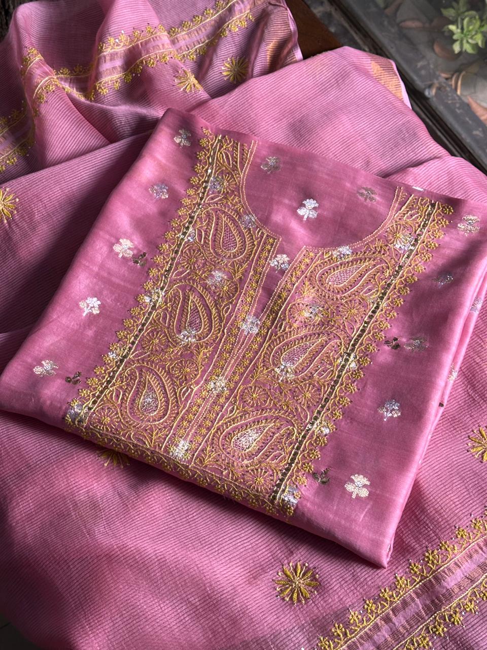 Pink Shade Zari Booti Fine Chikankari With Kamdani Work Unstitched Fabric