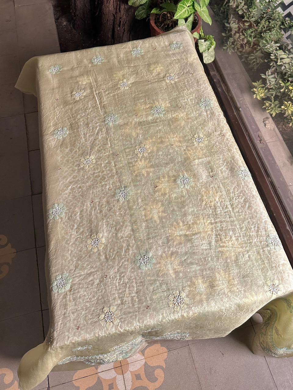 Lemon Shade Noor Banarasi Organza Chikankari Unstitched Fabric