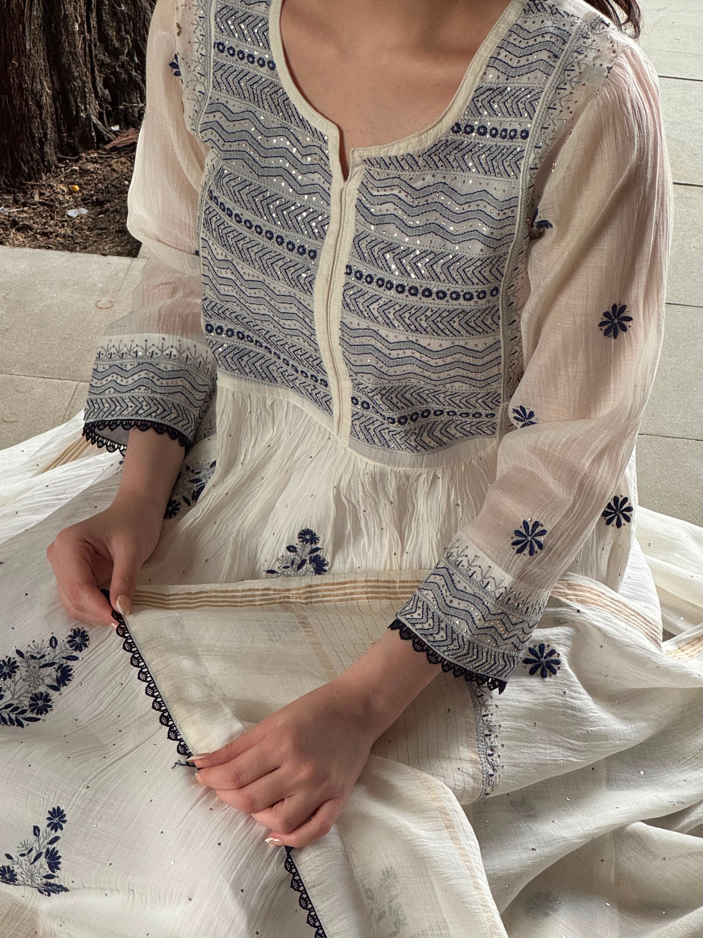 White Melon | Malmal Mukaish Kamdani Chikankari Stitched Kurta Dupatta Set