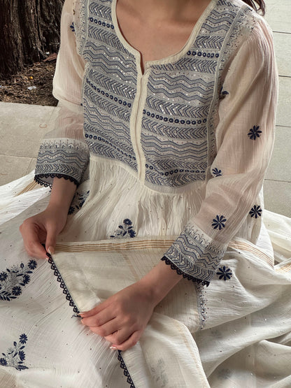 White Melon | Malmal Mukaish Kamdani Chikankari Stitched Kurta Dupatta Set