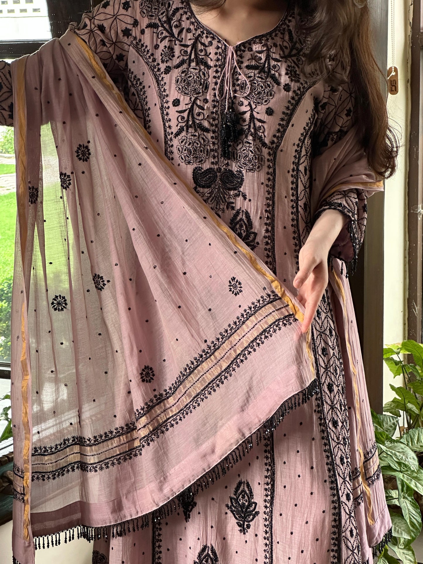 Plum Black Shade Malmal Pearl Work Chikankari Anarkali