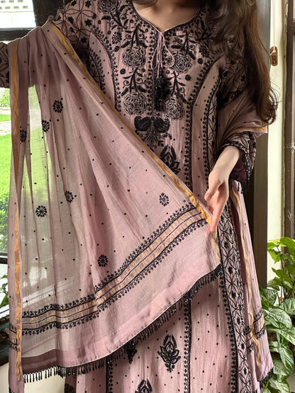 Plum Black Shade Malmal Pearl Work Chikankari Anarkali