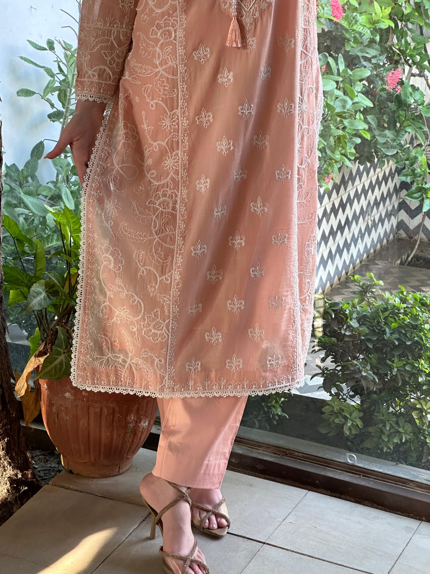 Peach Shade Malmal Pearl Work Chikankari Kurta Set