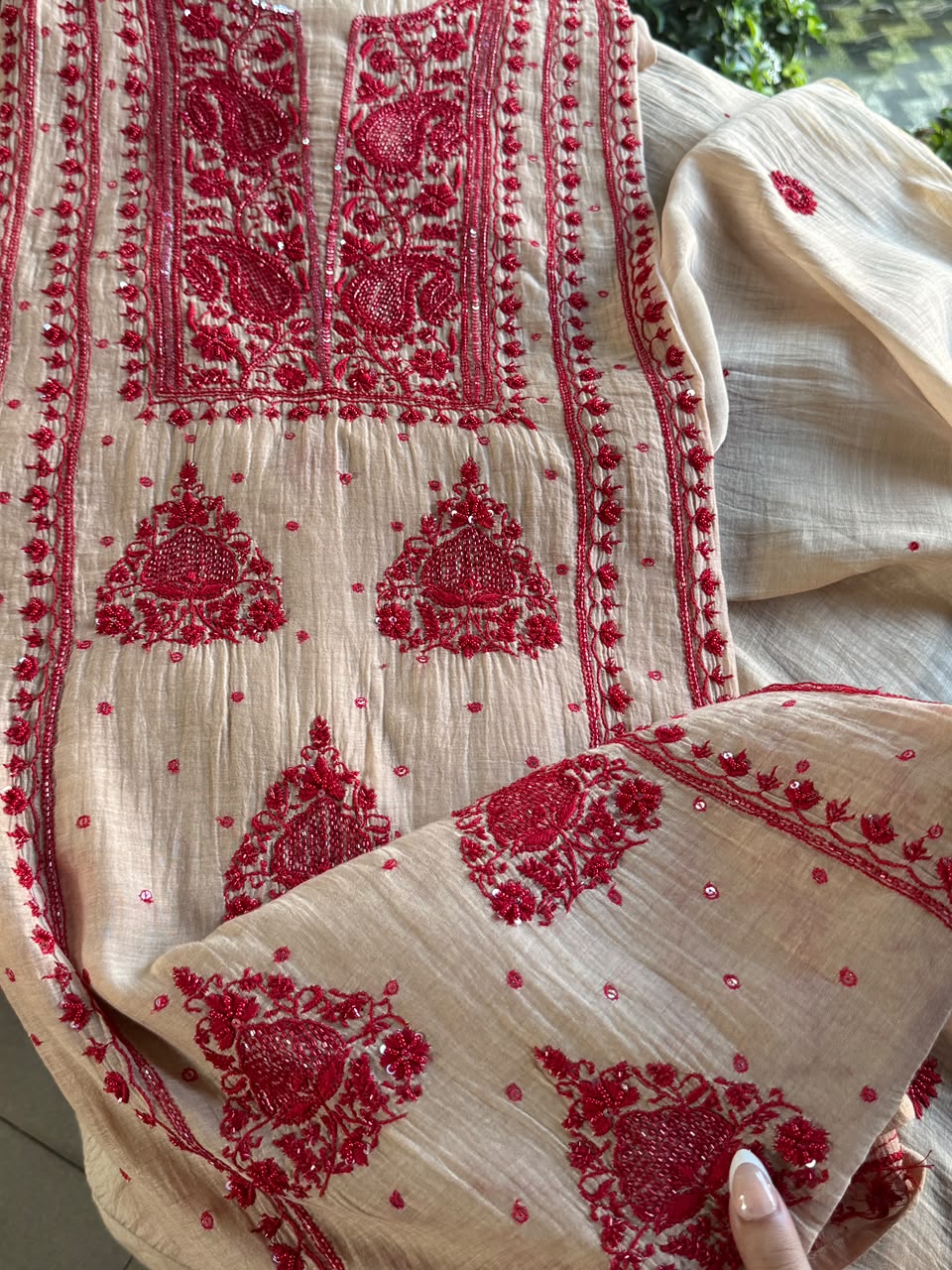 Beige & Red Mal Chanderi Silk Chikankari With Sequins Unstitched Kurta Dupatta Set