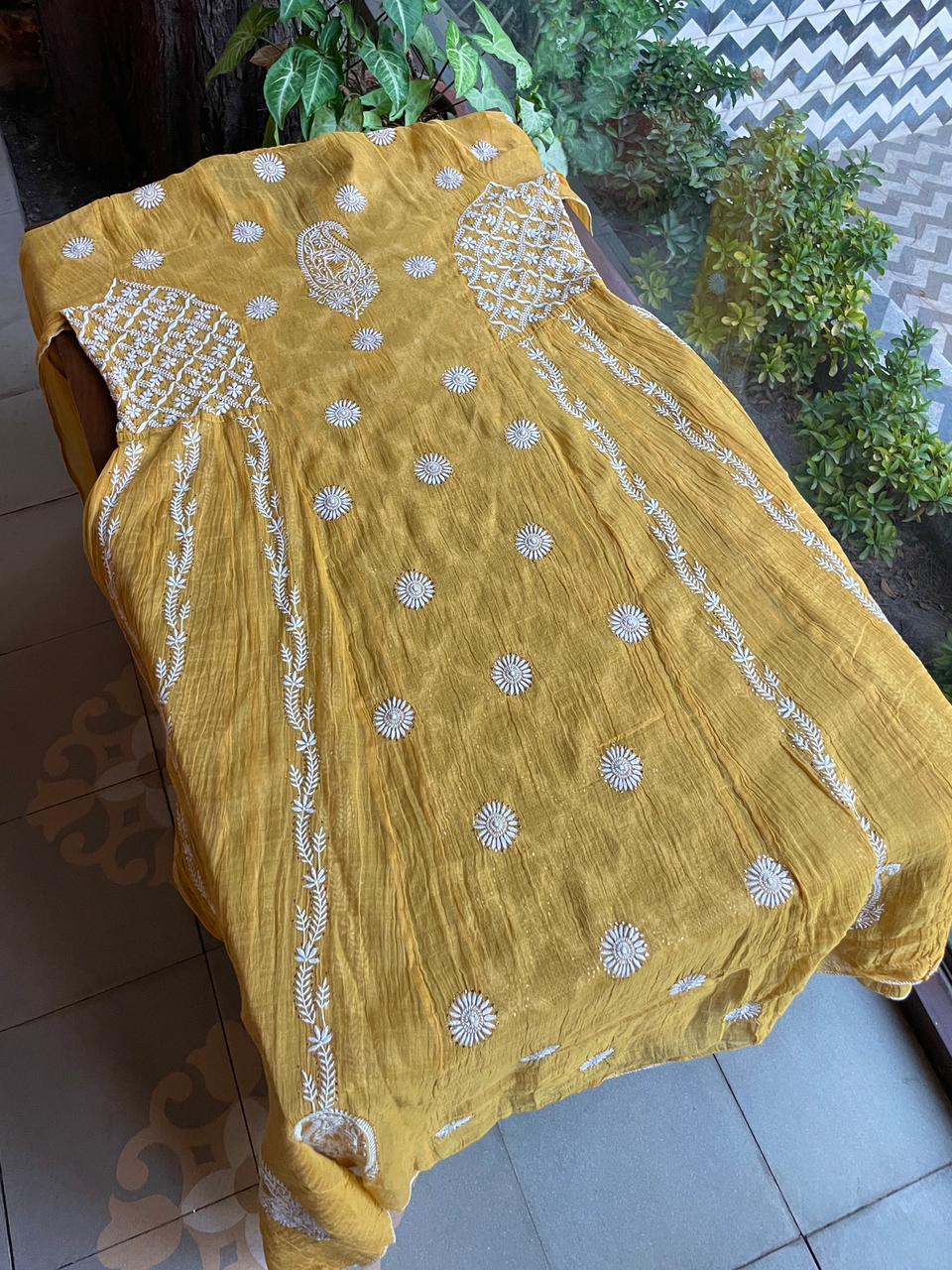 Gold Yellow Shade | Tissue Silk Chikankari Jaali Work Kurta Set