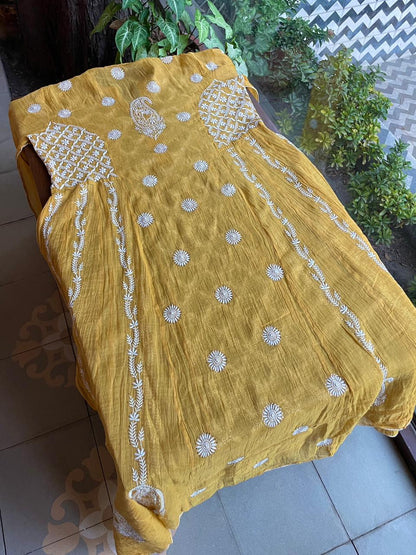 Gold Yellow Shade | Tissue Silk Chikankari Jaali Work Kurta Set
