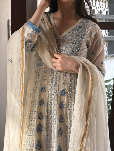 Indigo & Off White Shade Malmal Zari Pearl Work Chikankari Kalidar Kurta Set