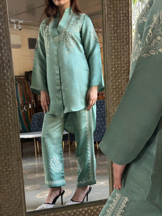 Sea green Satin Shimmer Chikankari Co-Ord Set