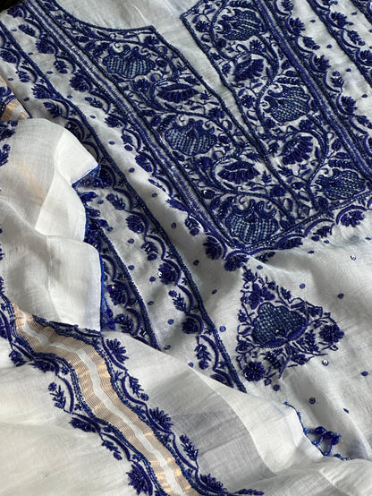 Indigo White Mal Chanderi Silk Chikankari Unstitched Fabric