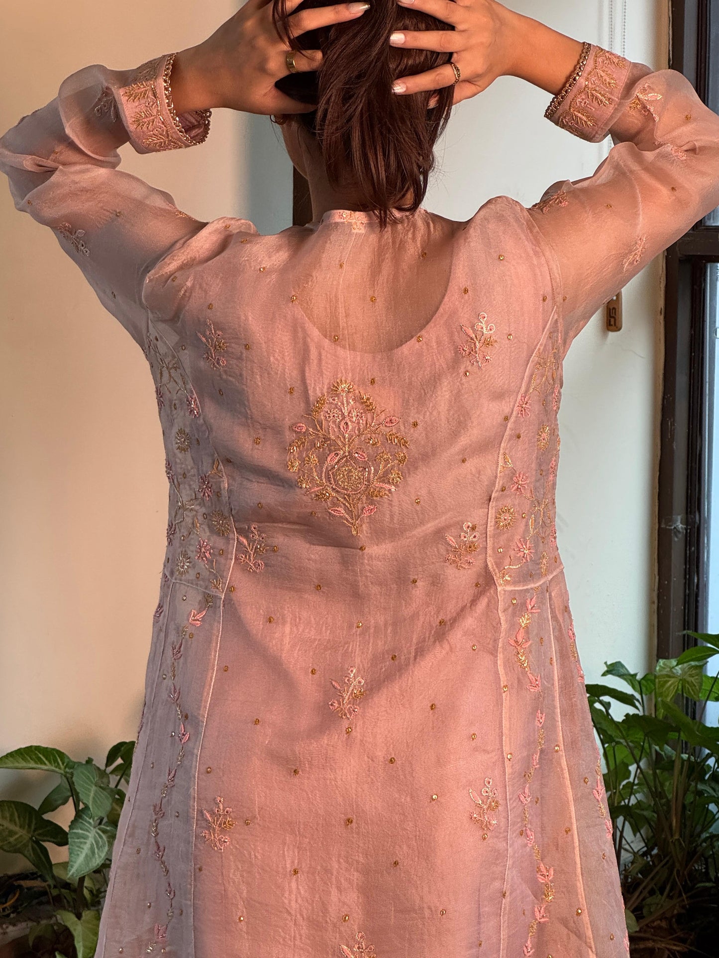 Dusty Peach Shade Noor Organza Chikankari Anarkali