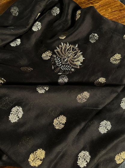 Black & Grey Banarasi Zari Chanderi Unstitched Chikankari Fabric