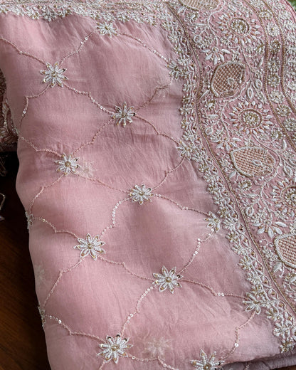 Soft Pink Heavy Organza Chikankari Saree With Blouse