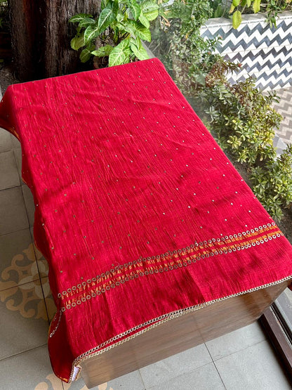 Cherry Red Shade Mukaish Mul Chanderi Silk Dress