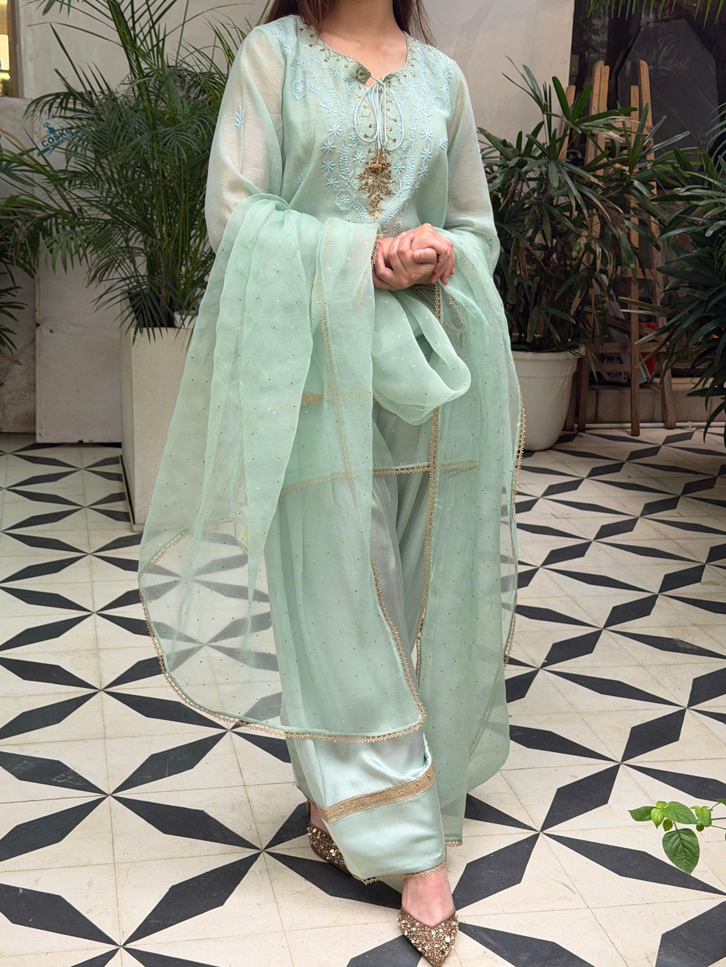 Satin Linen Farshi Sets With Chikankari & Kamdani