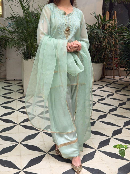 Satin Linen Farshi Sets With Chikankari & Kamdani