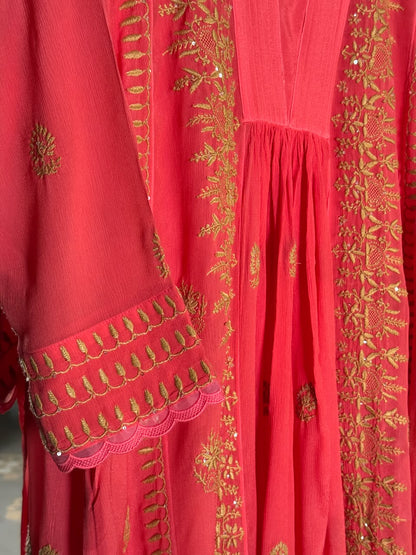 Carrot Pink Chiffon Chikankari Kurta with Lace Detailing