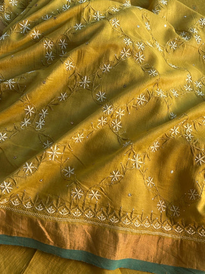 Mustard Yellow Shade Chanderi Chikankari Saree