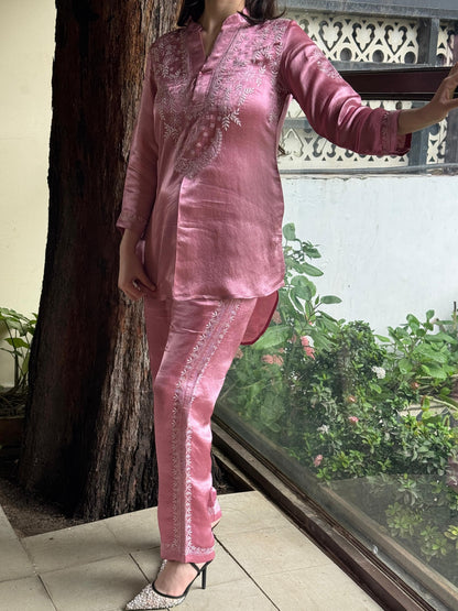 Deep Blush Pink Satin Shimmer Chikankari Co-Ord Set