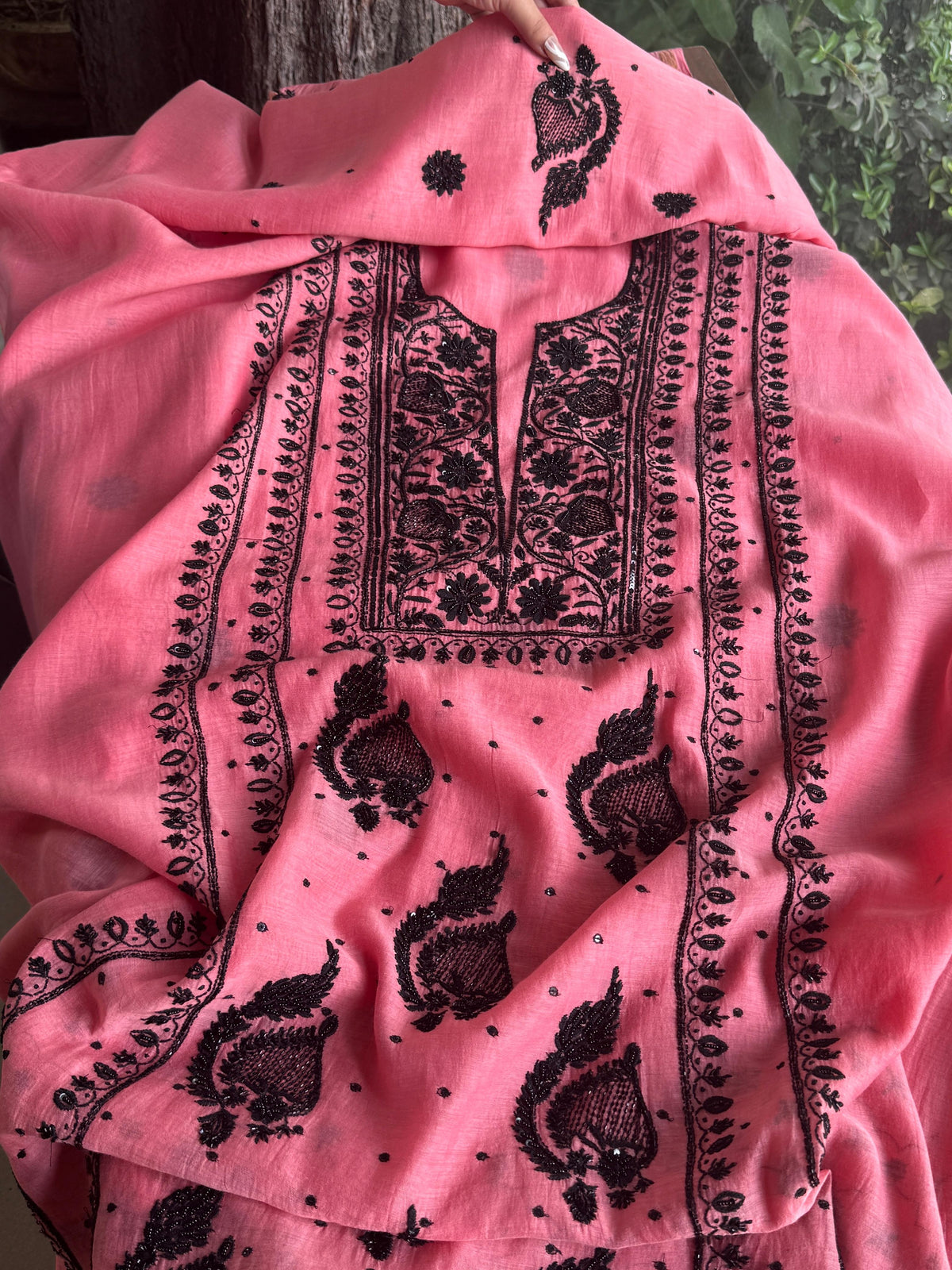 Candy Pink & Black Mal Chanderi Silk Chikankari A Line Unstitched Fabric