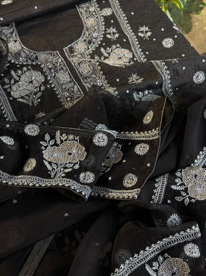 MYSTIC BLACK AND ASH SILVER | TISSUE SILK CHIKANKARI