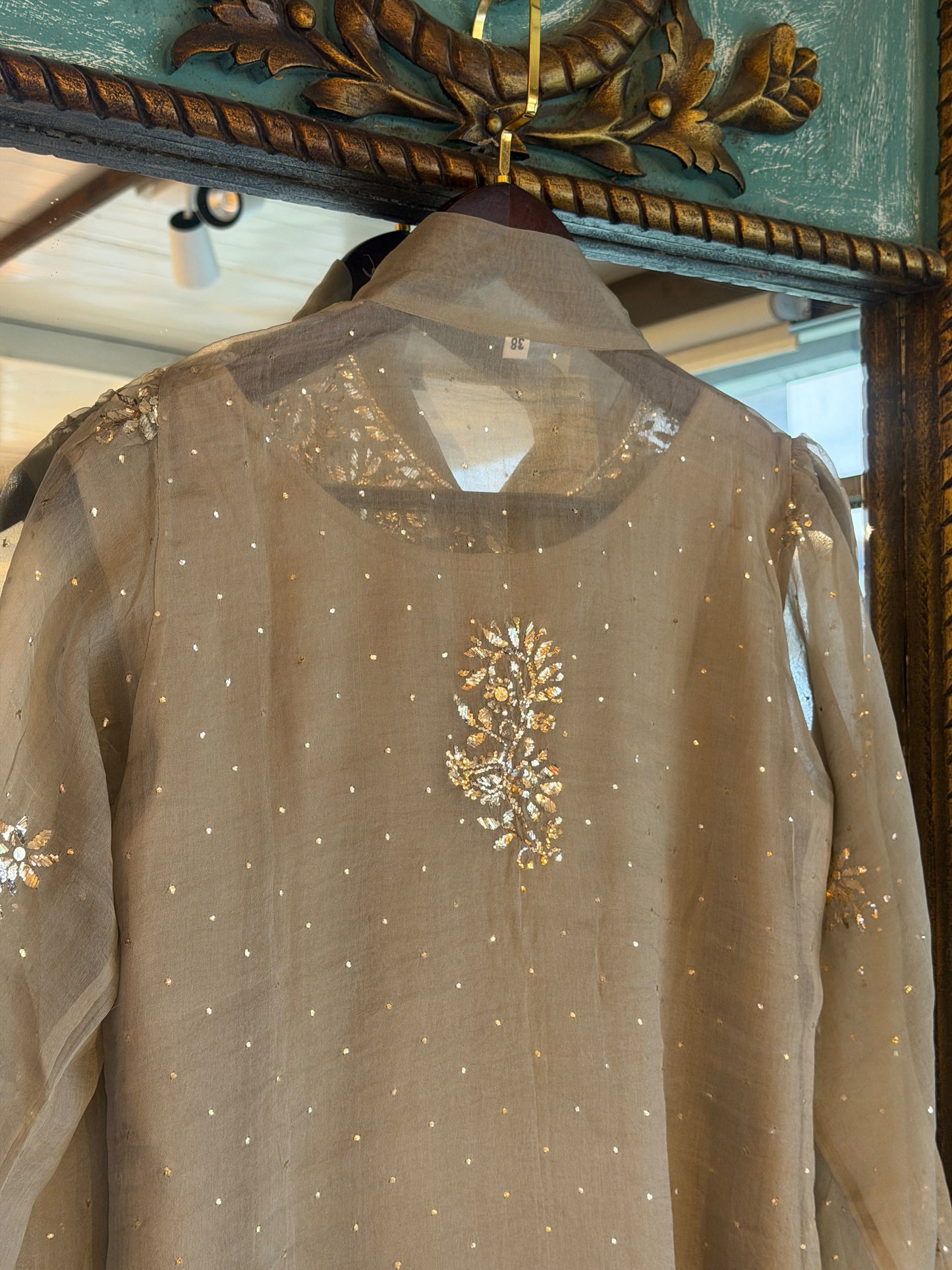 Sage Green Noor Organza Mukaish Badla Short Top With Bow Tie