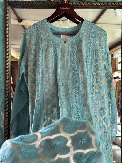 Sea Green Zari Chanderi Chikankari A Line Kurta with Slip