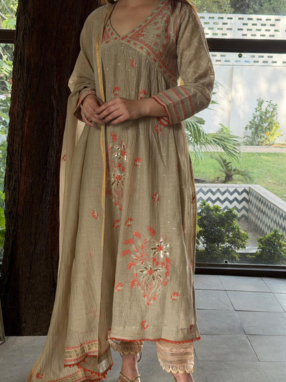 Angi Style Mal Mukaish Kamdani Tux Chikankari Kurta Dupatta Set