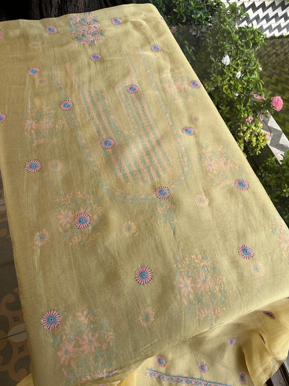 Yellow Multi Shade Organza Silk Chikankari Unstitched Fabric