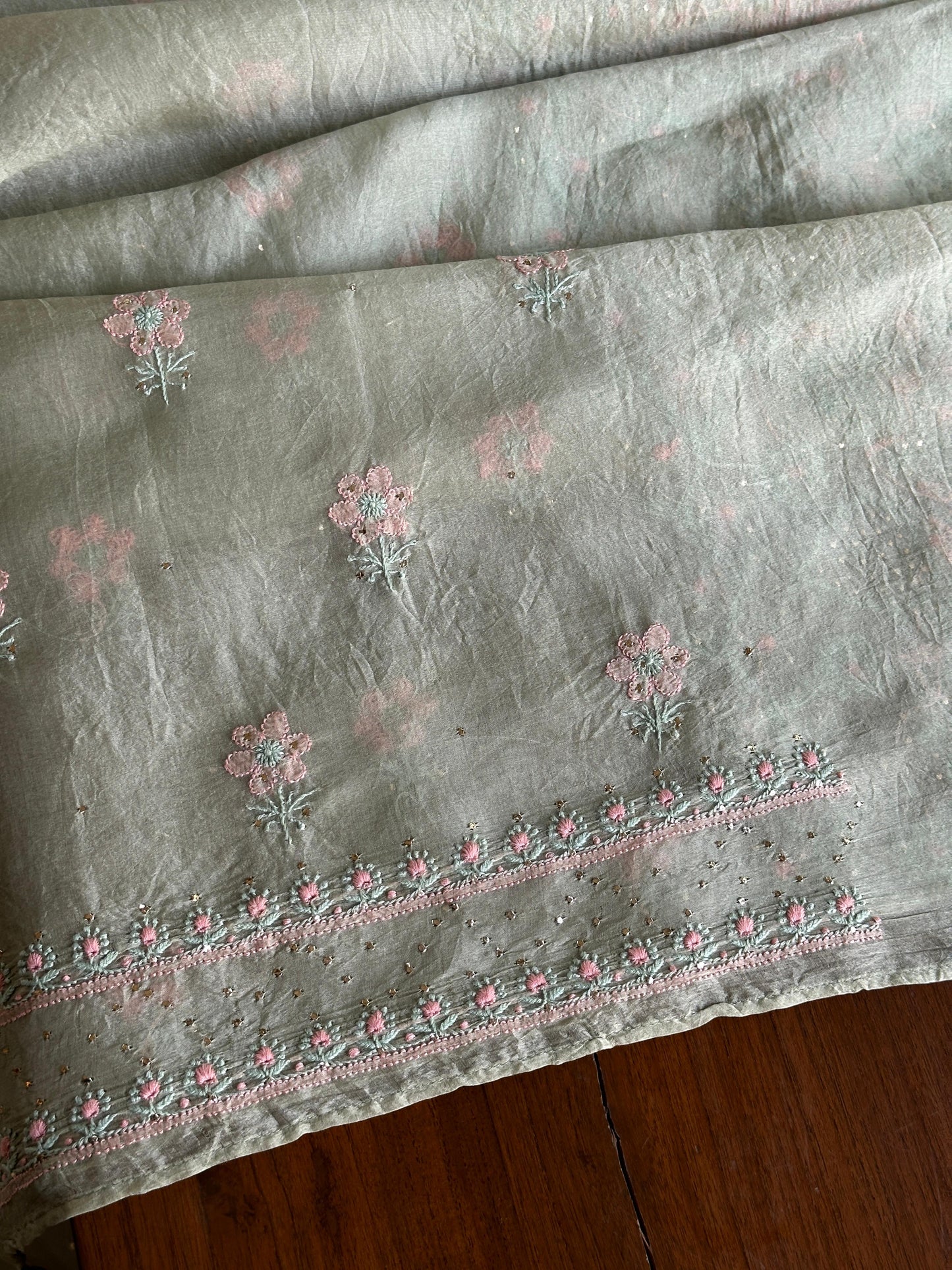 Olive Green Noor Organza Silk Chikankari With Kamdani Fabric