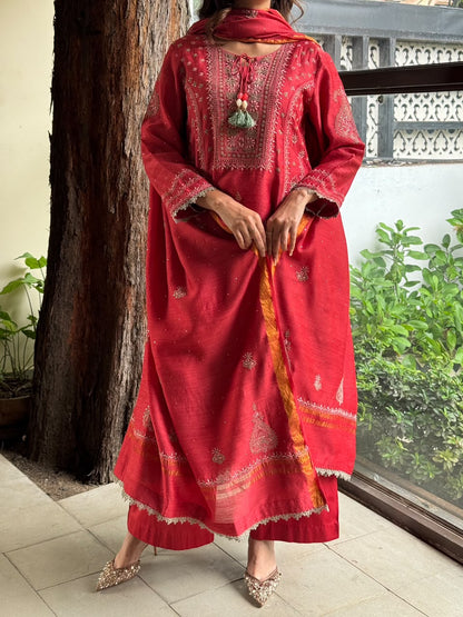 Brick Red Moonga Silk Chikankari Anarkali With Dupatta