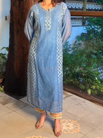 Blue Shade Zari Chanderi Chikankari Ready to Wear Tunics