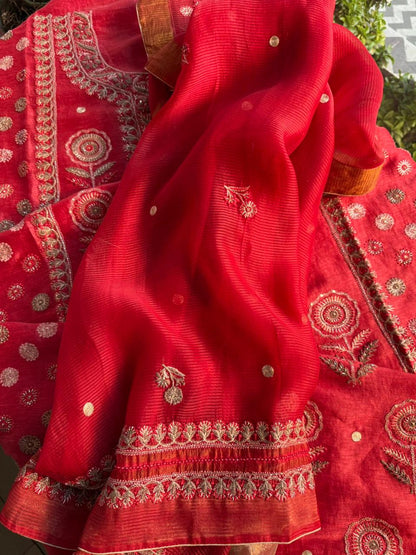 Brick Red Linen Silk Chikankari With Ari Work Unstitched Kurta Dupatta Set