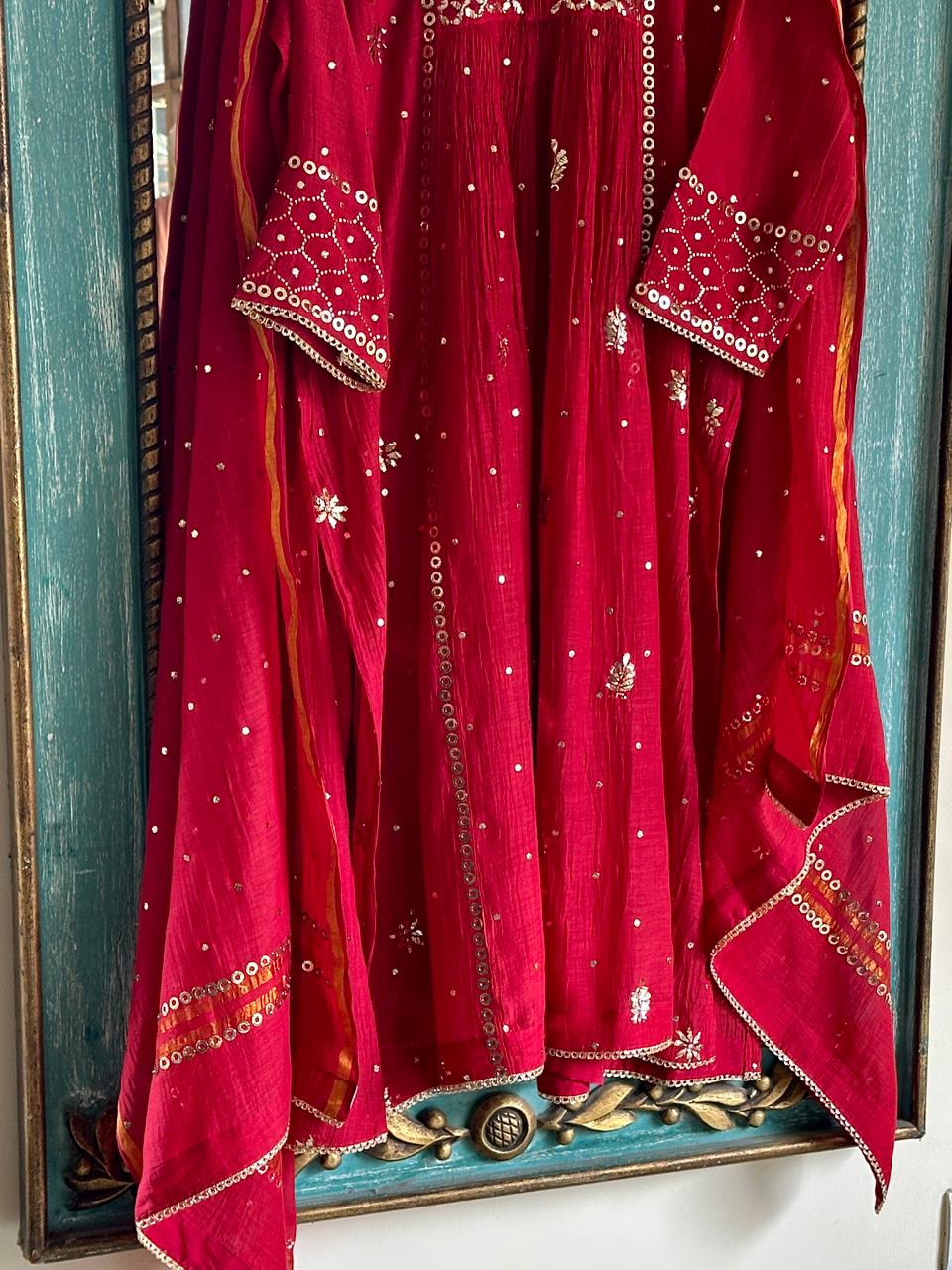 Cherry Red Shade Mukaish Mul Chanderi Silk Dress