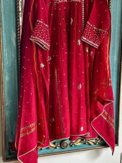 Cherry Red Shade Mukaish Mul Chanderi Silk Dress
