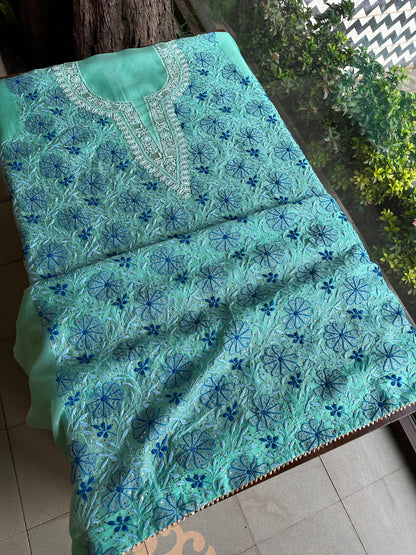 Blue Noor Organza Silk Chikankari With Kamdani Fabric