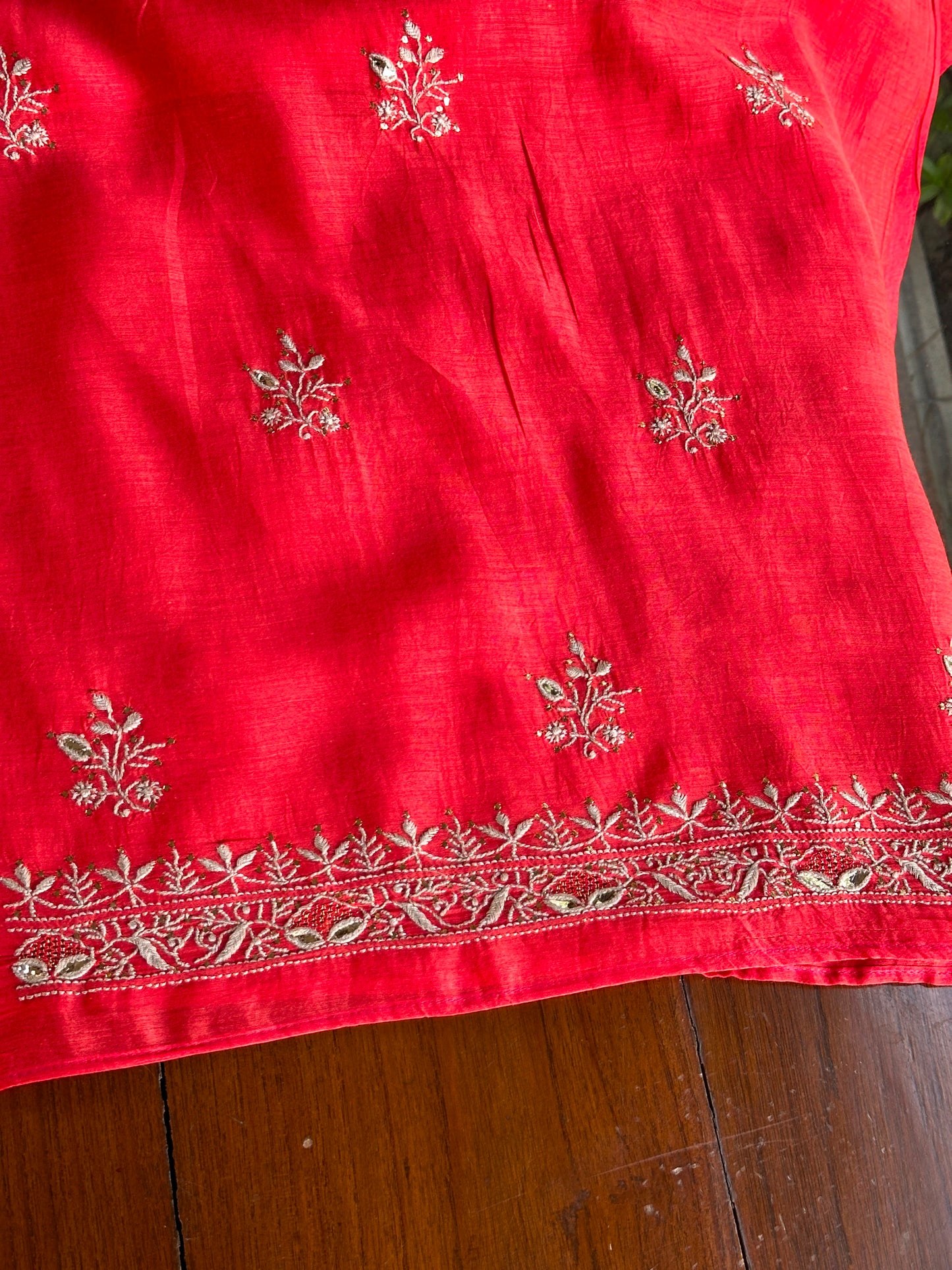 Red Shade Mal Cotton Chikankari Unstitched Kurta Dupatta Fabric With Mukaish Badla