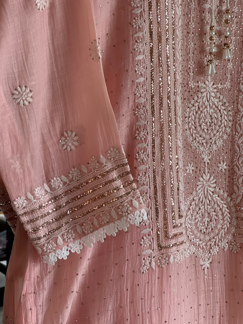 Peach Mal Heavy Chikankari Yoke Kurta Set with Kamdani Mukaish