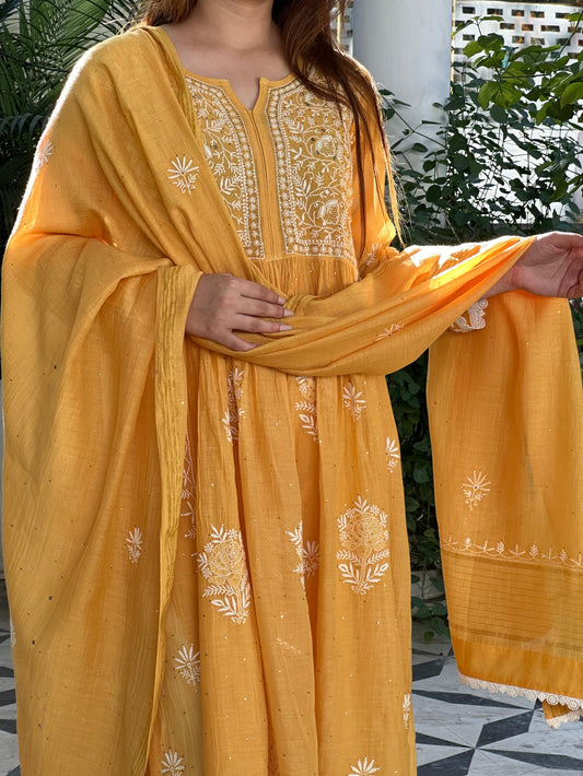 Mango Yellow Mal Mukaish Kamdani Tux Chikankari Kurta Dupatta Set