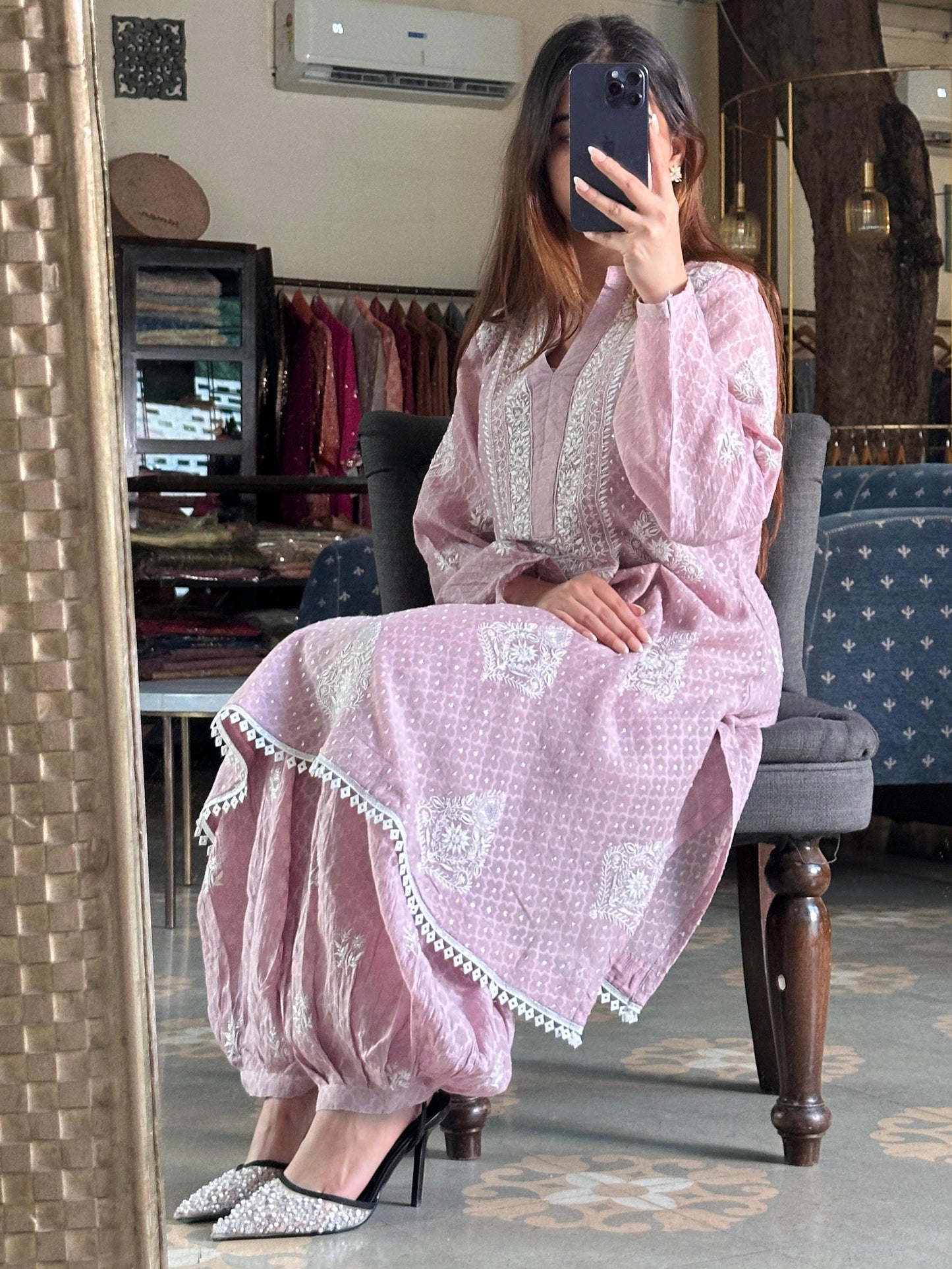 Dusty Lavender Jacquard Sequins Chikankari Co-Ord Set