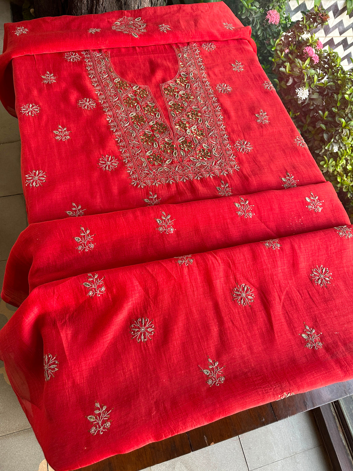 Red Shade Mal Cotton Chikankari Unstitched Kurta Dupatta Fabric With Mukaish Badla