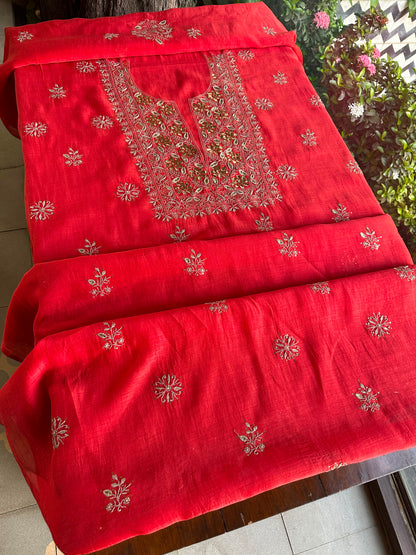 Red Shade Mal Cotton Chikankari Unstitched Kurta Dupatta Fabric With Mukaish Badla