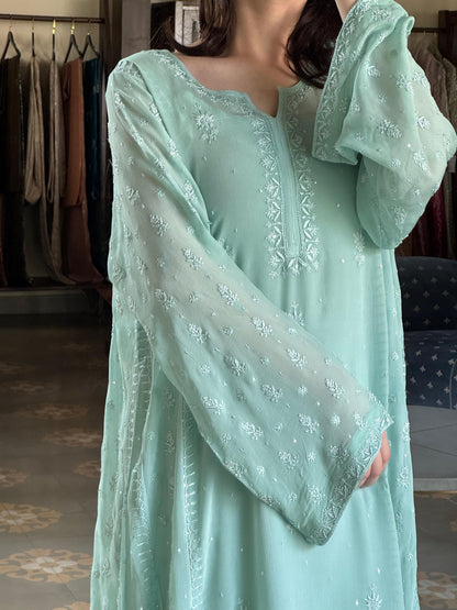 Pastel Sea Green Chiffon Kurta with Afghani Salwar – Fine Chikankari Work