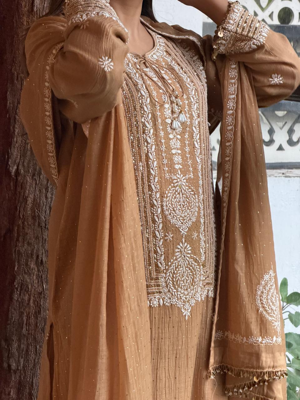 Crush Mul Heavy Chikankari Yoke Kurta Set